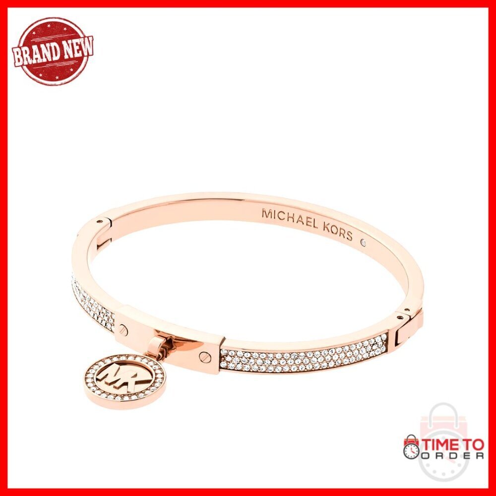 Rose Gold-Tone Bangle Bracelet Elegant Minimal Chic Hinge Closure Pavé Accents